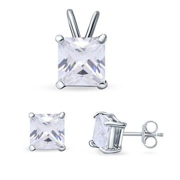 Princess Cut Jewelry Set Pendant Earring Simulated Cubic Zirconia 925 Sterling Silver